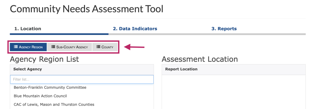 Step 1 of the assessment tool. The picture shows a screenshot of the location selection function. Users can select a geography in the top-level tabs first, then select a more specific geography from the list. This location will be used to create the report.