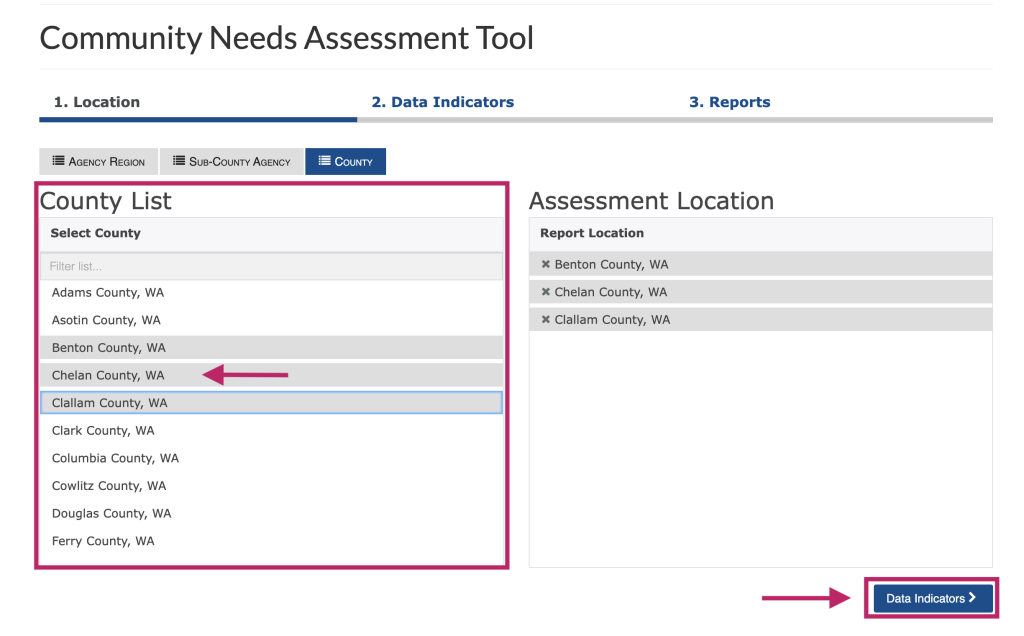 Step 2 of the assessment tool. The picture shows a screenshot of the location selection function. Users can select a more specific geography from the list after they select a top-level geography from the tabs. The screenshot shows to click the "Data Indicators" button at the bottom right of the screen to move to the next step.