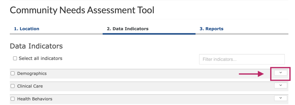 Step 3.1 of the assessment tool. The picture shows a screenshot of the data indicators selection function. Users can click the carets located on the left side of the tool to open the data categories, view available indicators, and select indicators for the report.