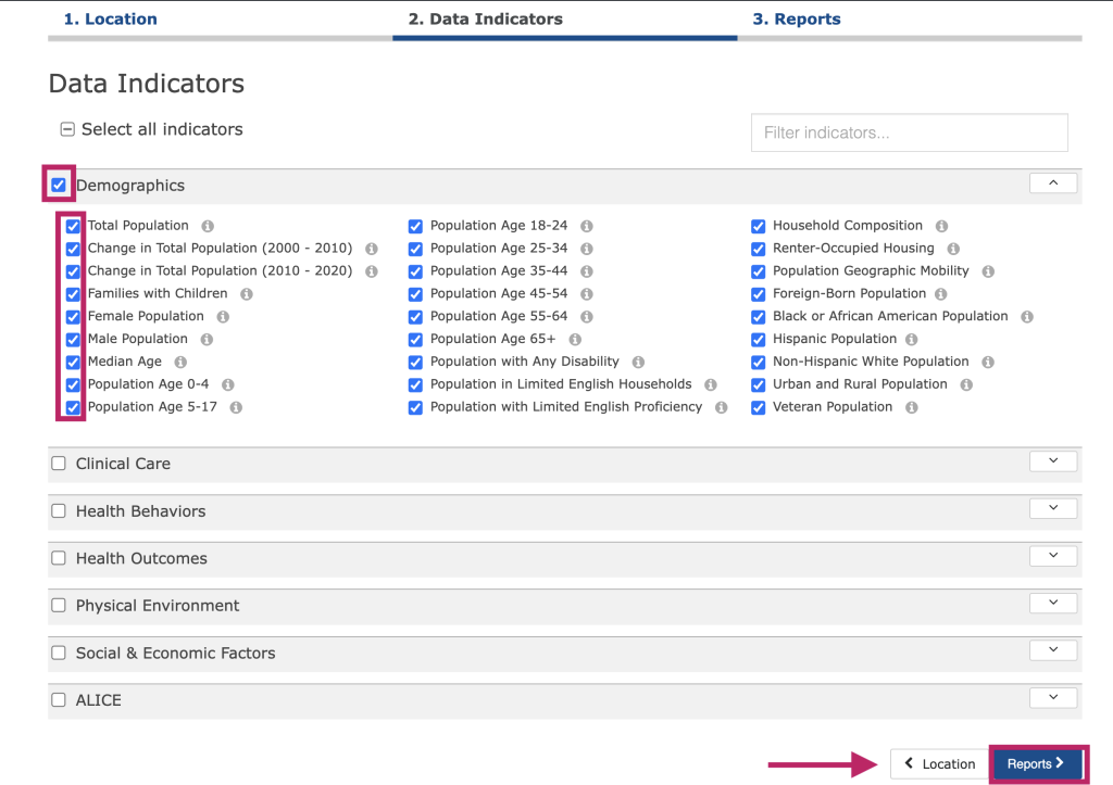 Step 3.2 of the assessment tool. The picture shows a screenshot of the data indicators selection function. Users can click the check box to the left of an indicator name to add it to the report. Users can click the check box to the left of the category name to add an entire category of indicators to the report. The screenshot shows to click the "Reports" button at the bottom right of the screen to move to the next step.