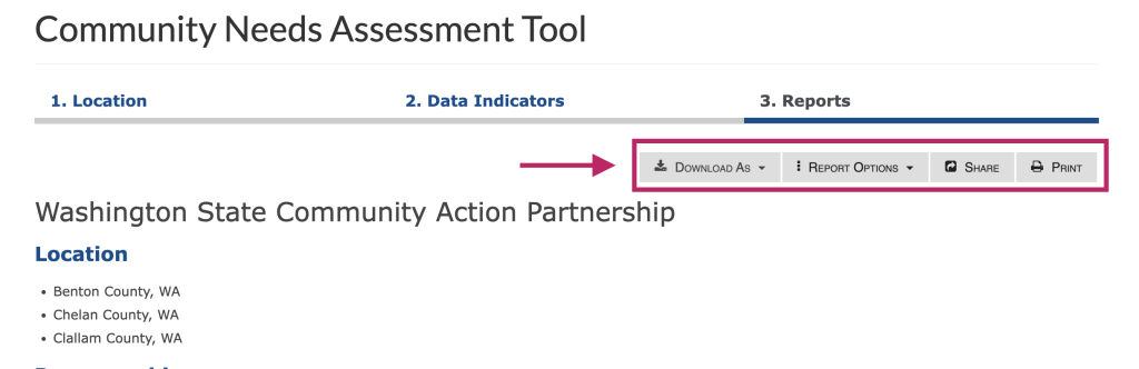 Step 5 of the assessment tool. The picture shows a screenshot of the report functions menu at the top right of the report screen. The first button allows users to download the report as a PDF, Word document, or Excel file. The second button allows users to turn Report Options on and off. The third button allows users to get a shortlink to share the report with others. The fourth button allows users to print the report. The fifth and final button allows users to save the report to the users profile.