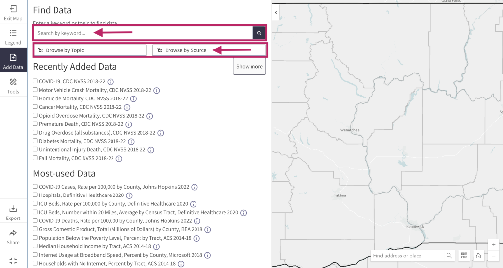 Step 1.1 of the map room. The picture shows a screenshot of the search data window. Users can use keywords to search for map layers or use the "Browse by Topic" and "Browse by Source" buttons to search by topic and source.