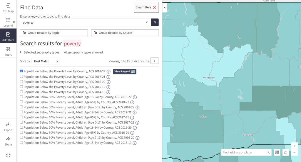 Step 2 of the map room. The picture shows a screenshot of the search data window. Users can click the check box to the left of a layer name to add it to the map. Users can click the "View Legend" button to view the map legend and exit the search data window.