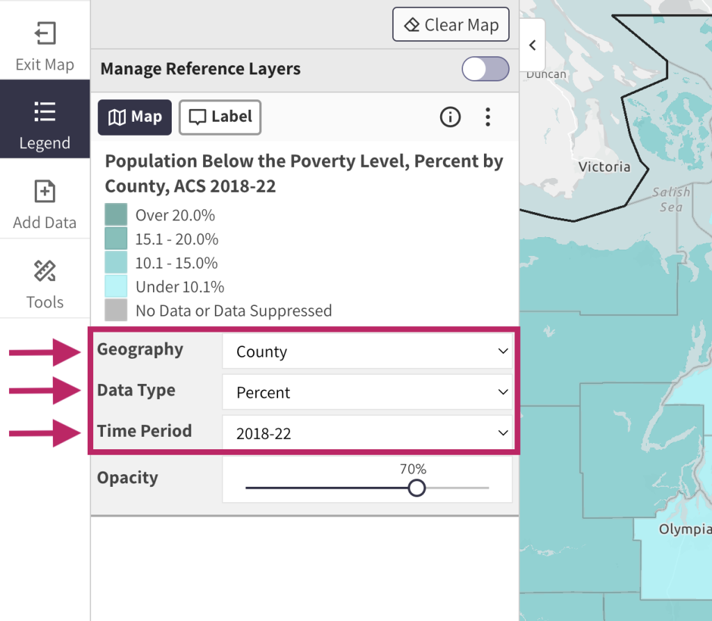 Step 4.1 of the map room. The picture shows an expanded view of the legend in the map room. The drop down menus below to the legend can be used to change the geographic extent of the data on the map, to change the data type from percent to total, or to change time periods (where available).